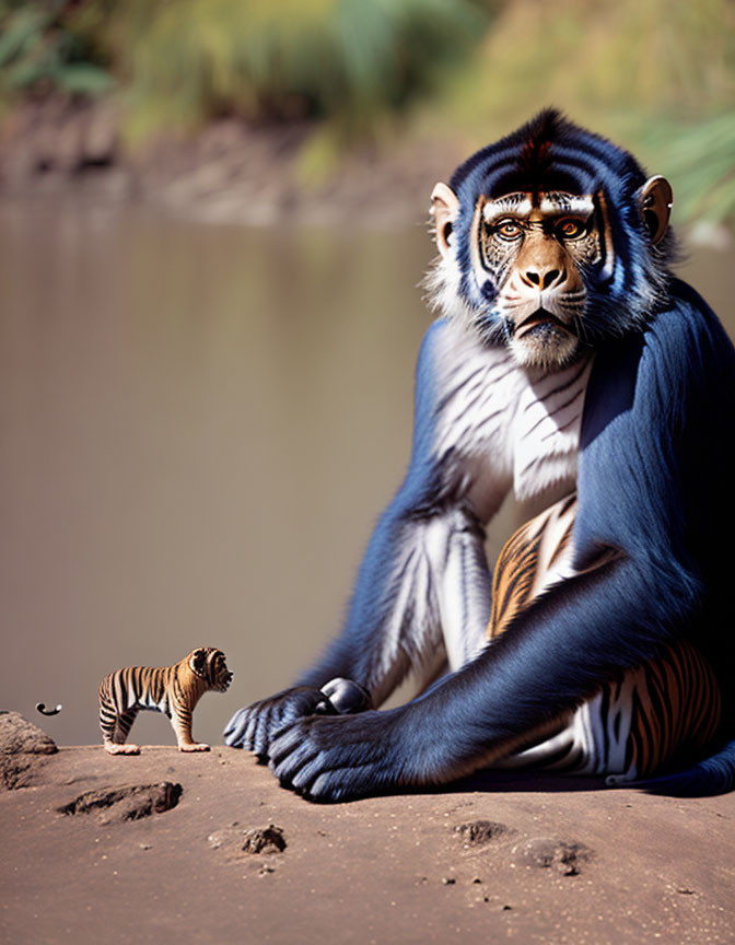 Hybrid Monkey-Tiger by Water Observing Miniature Tiger