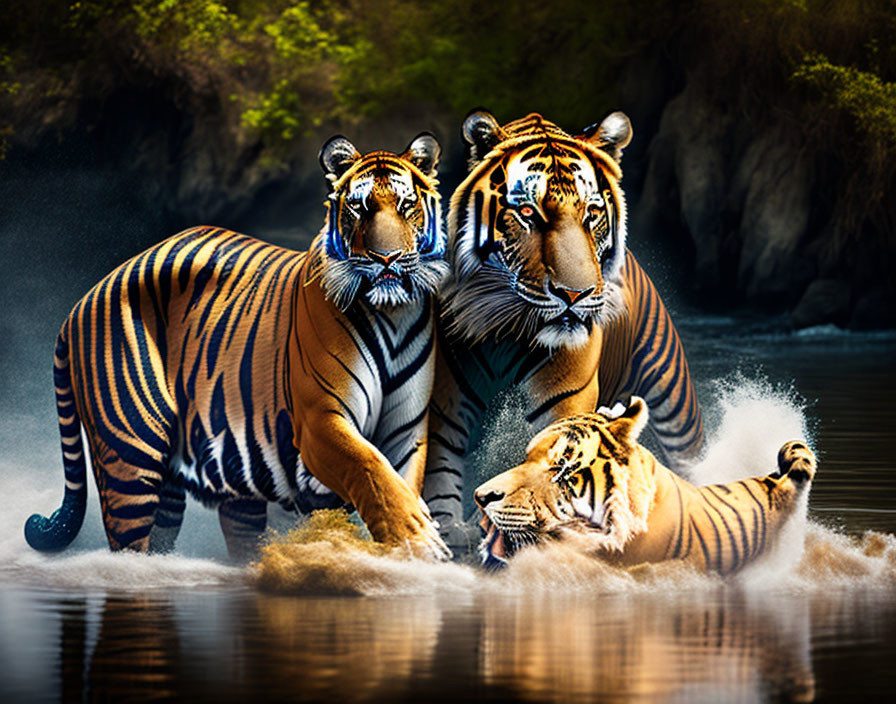 Three Tigers in Water with Splashes, Forest Setting