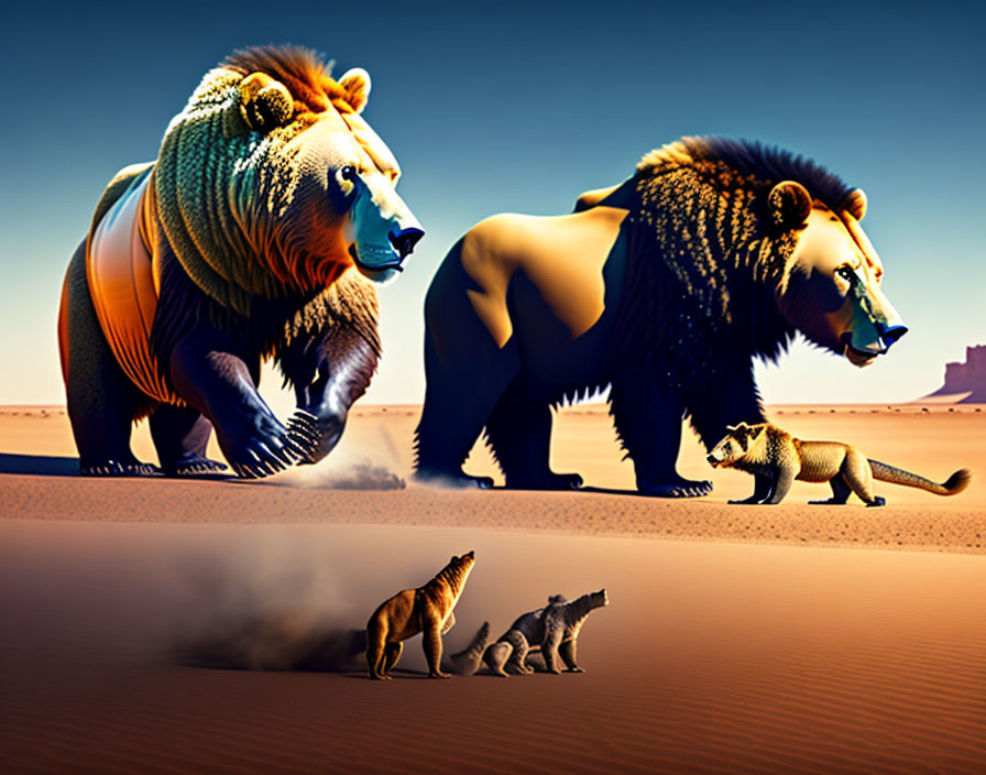 Transparent bear figures dominate desert landscape with small solid bear and foxes.