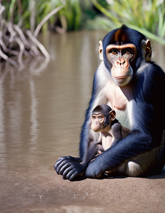 Adult Mandrill Monkey Holding Infant Mandrill by Water