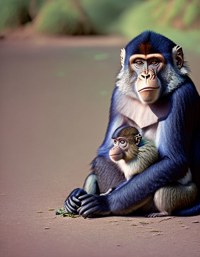 Vibrant blue and red mandrill baboon with infant in arms.