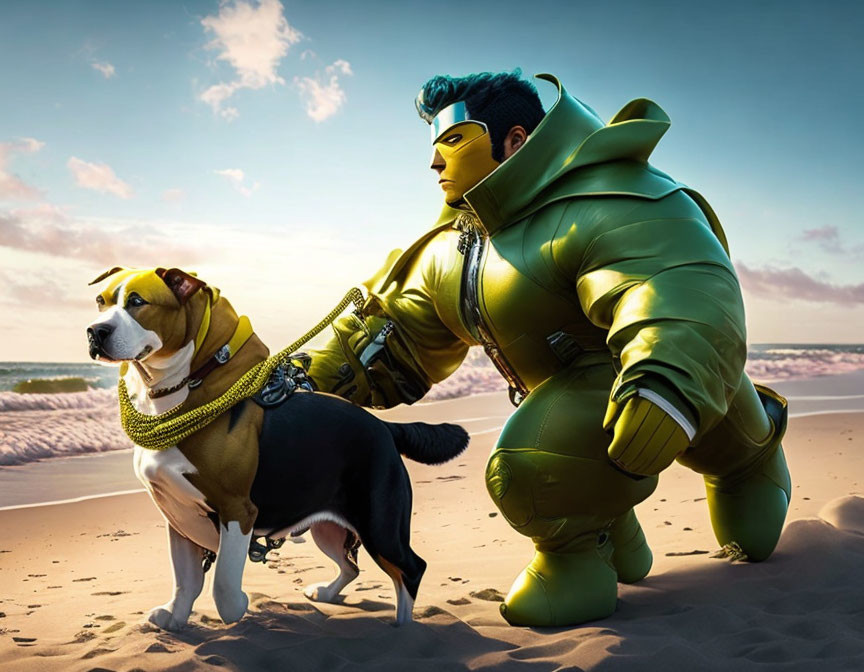 Muscular animated figure in green suit with large dog on sandy beach