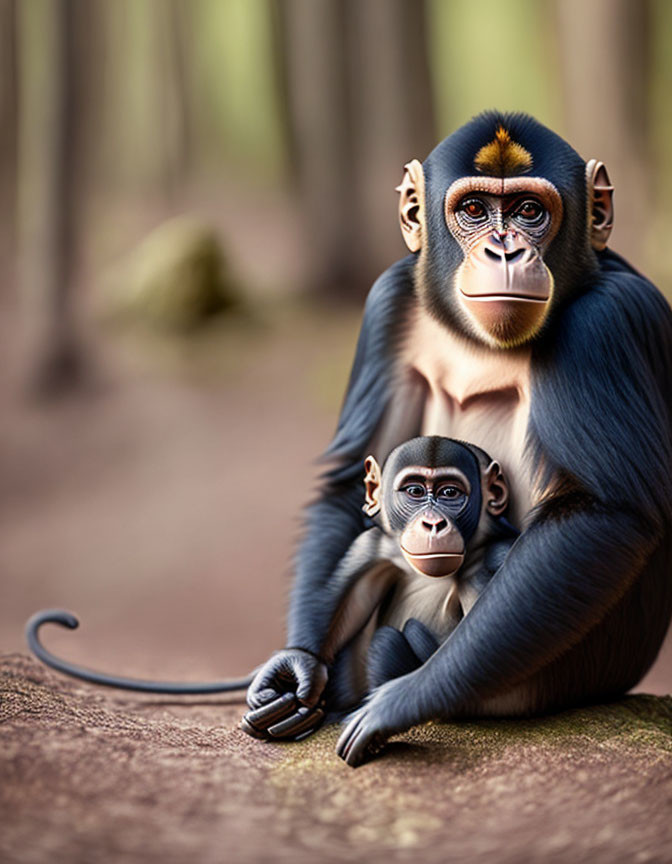 Adult and baby mandrill monkeys in forest setting.