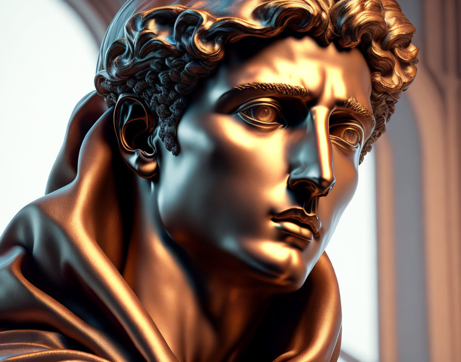 Detailed digital rendering of classical male bust with dramatic interpretation and bronze finish against arched backdrop