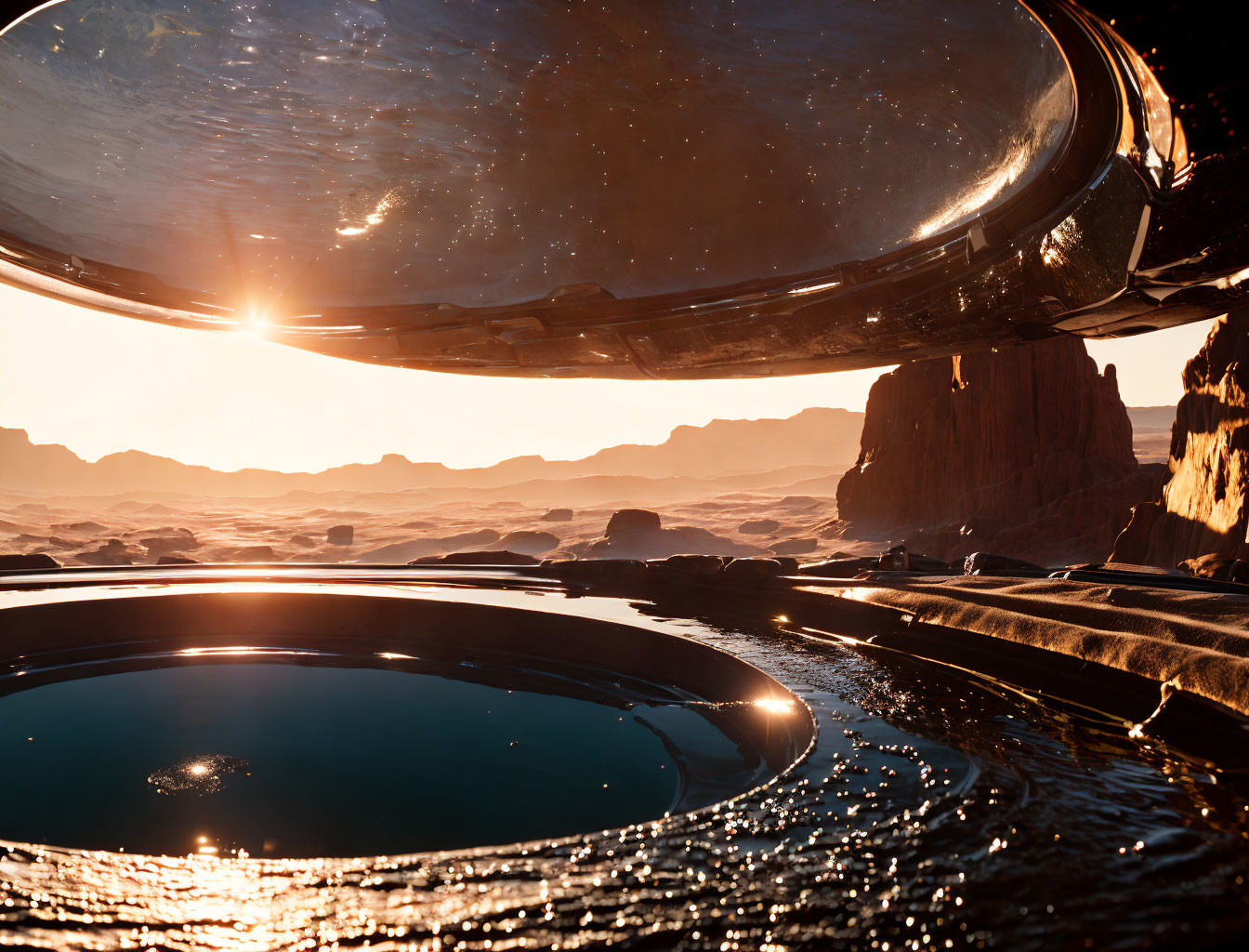 Futuristic spaceship over desert landscape with rocky outcrops