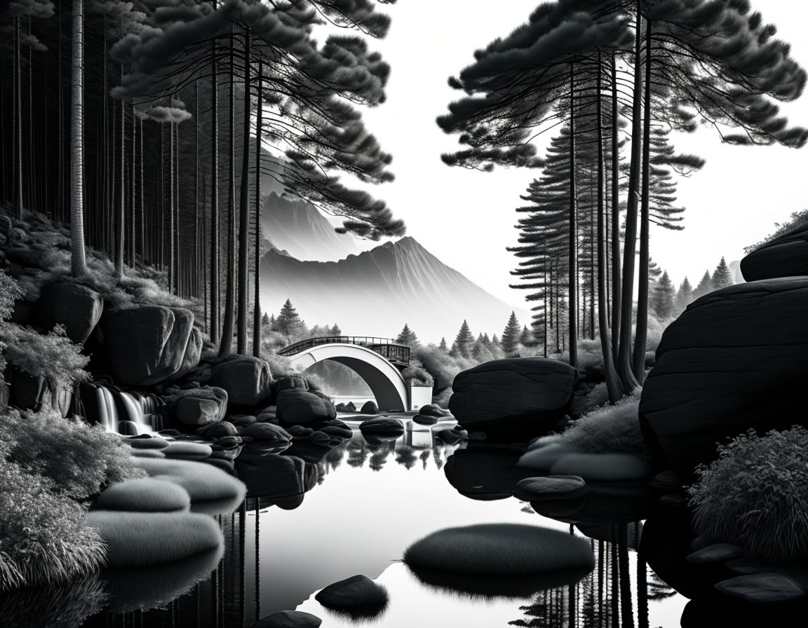 Serene monochrome landscape with lake, bridge, trees, and mountains