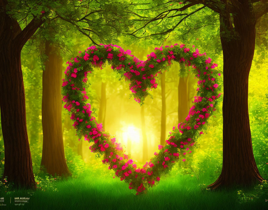 Pink Heart-Shaped Flowers in Green Forest with Sunlight