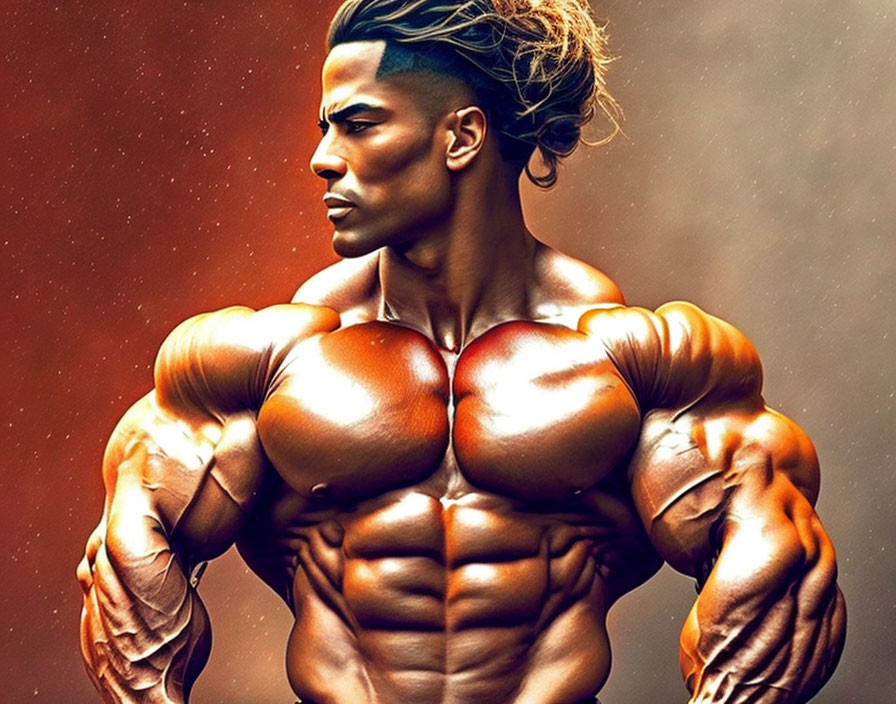 Muscular person with defined abs and biceps on orange background