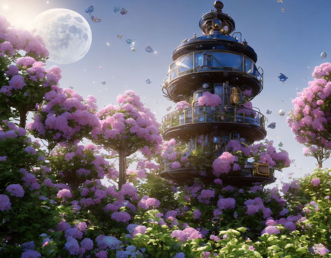 Glass tower surrounded by pink blossoms, moon, and crystals