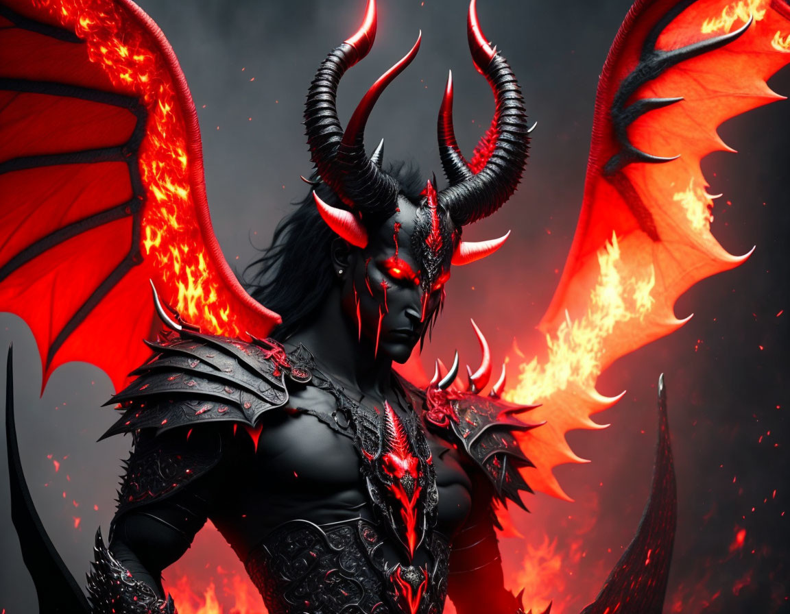 Sinister demonic creature with red eyes, horns, wings, and fiery aura.