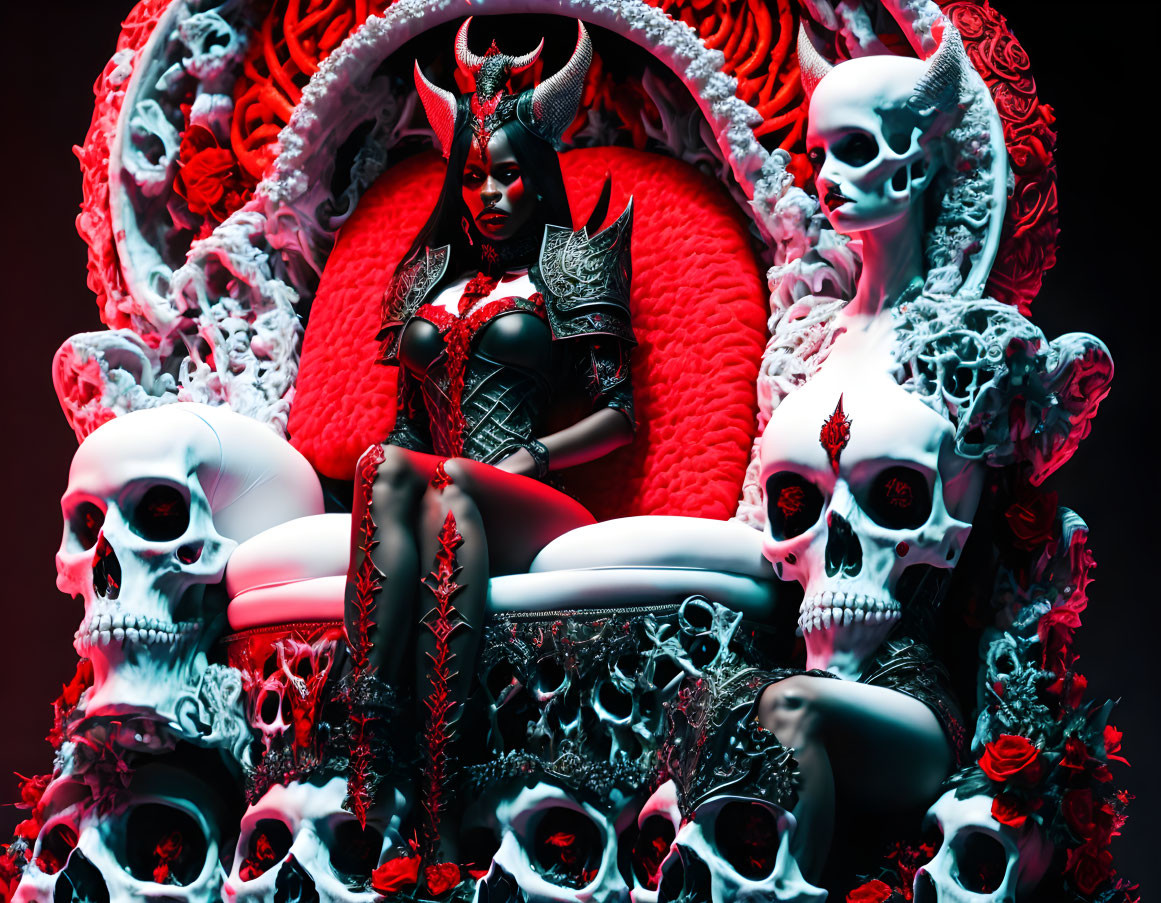 Gothic demon queen on throne surrounded by skulls in red and black scene