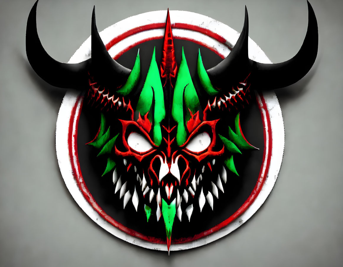 Digitally created menacing green and red demonic mask with black horns on tribal pattern background.