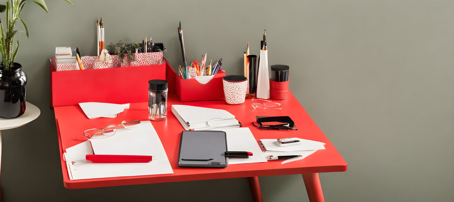 Red Desk Workspace with Stationery, Tablet, Glasses, and Water Bottle on Gray Wall