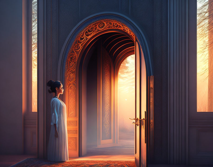 Woman in white dress at ornate door overlooking sunlit forest