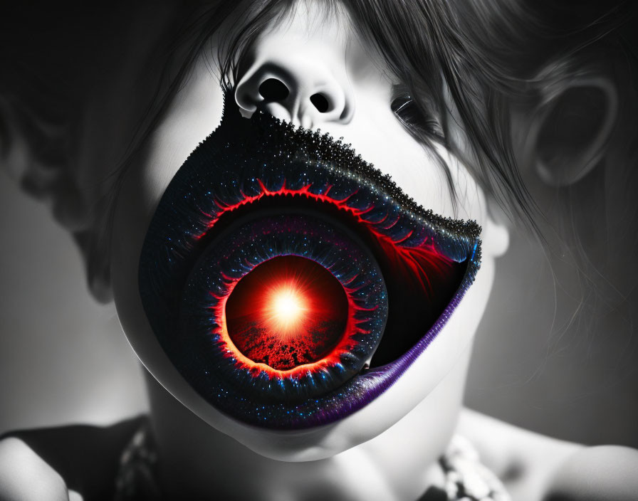 Monochrome photo of child with stylized eye over mouth, surreal design