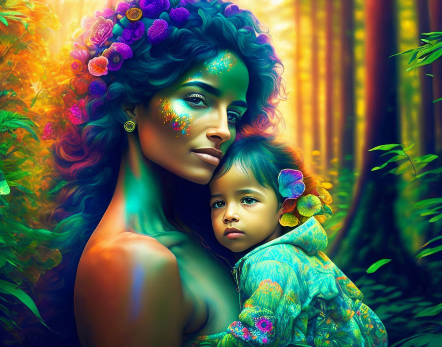 Colorful artwork: woman with blue skin, floral adornments, holding child in forest.