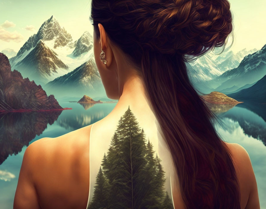 Woman with braid overlooking serene lake and mountains.