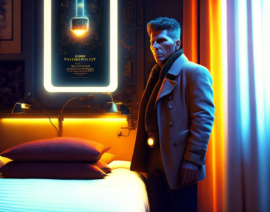 Stylish man in coat in neon-lit room with futuristic ad