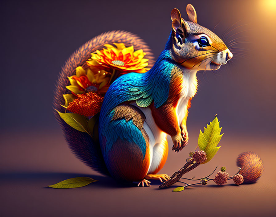 Colorful stylized squirrel with floral tail on warm background