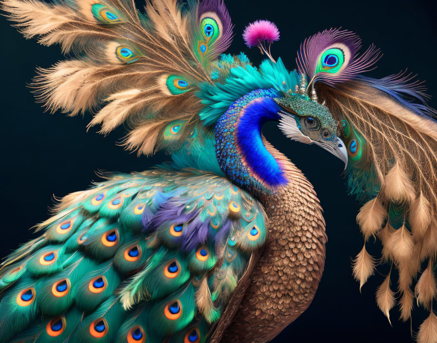 Colorful Peacock Displaying Iridescent Tail Feathers