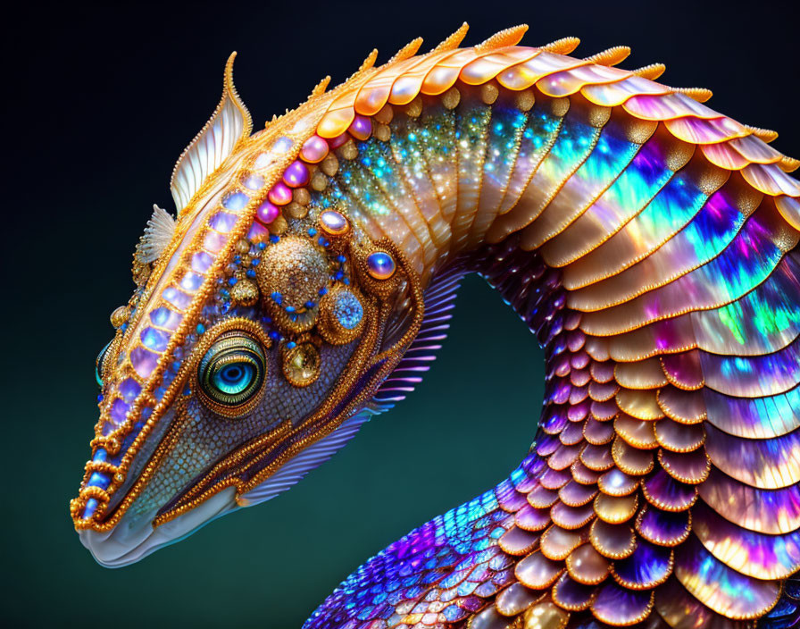 Vibrant digital artwork: seahorse-like creature with iridescent scales.