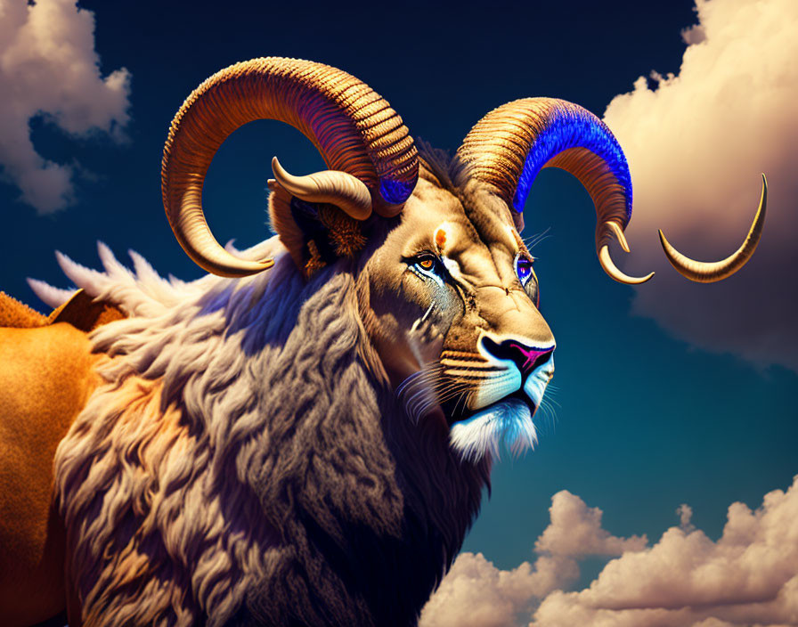 Mythical creature with lion's head and ram's horns on cloudy sky