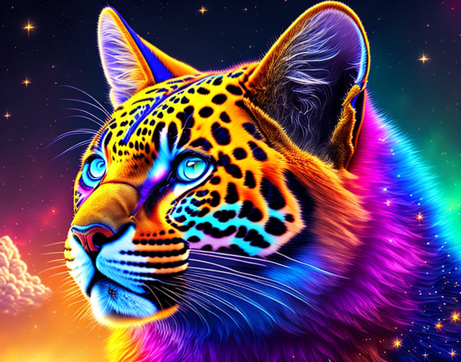 Neon-colored leopard in cosmic setting with intense blue eyes