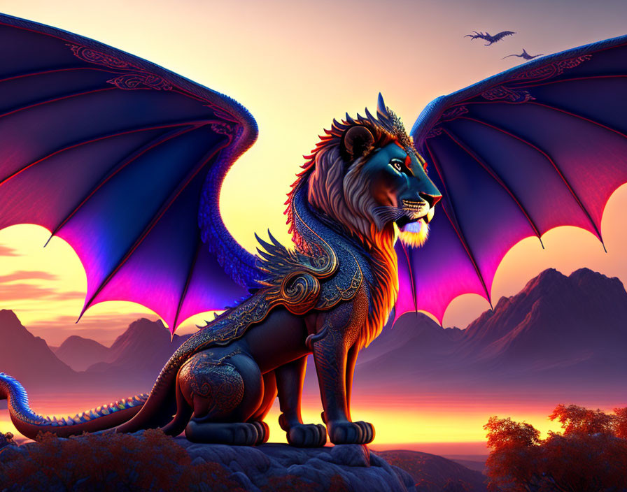 Winged lion with intricate designs in sunset landscape