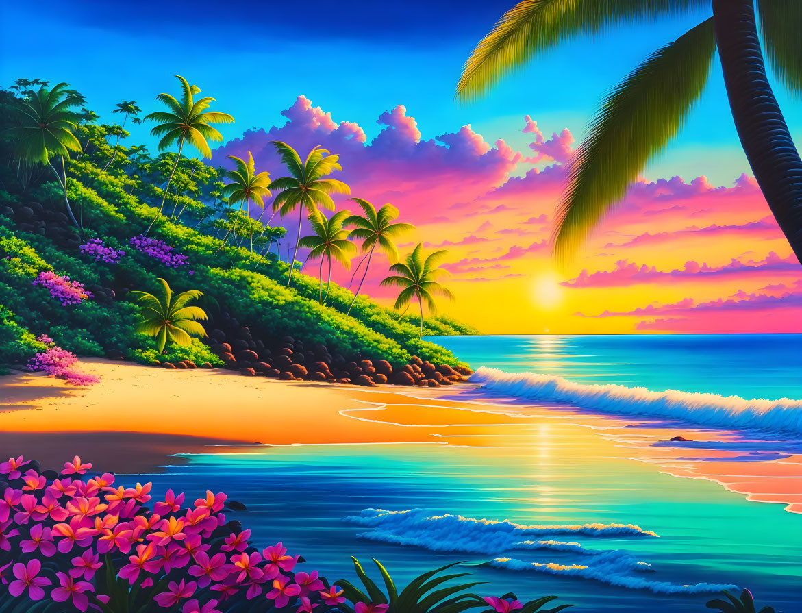 Tropical Beach Sunset with Palm Trees and Colorful Flowers