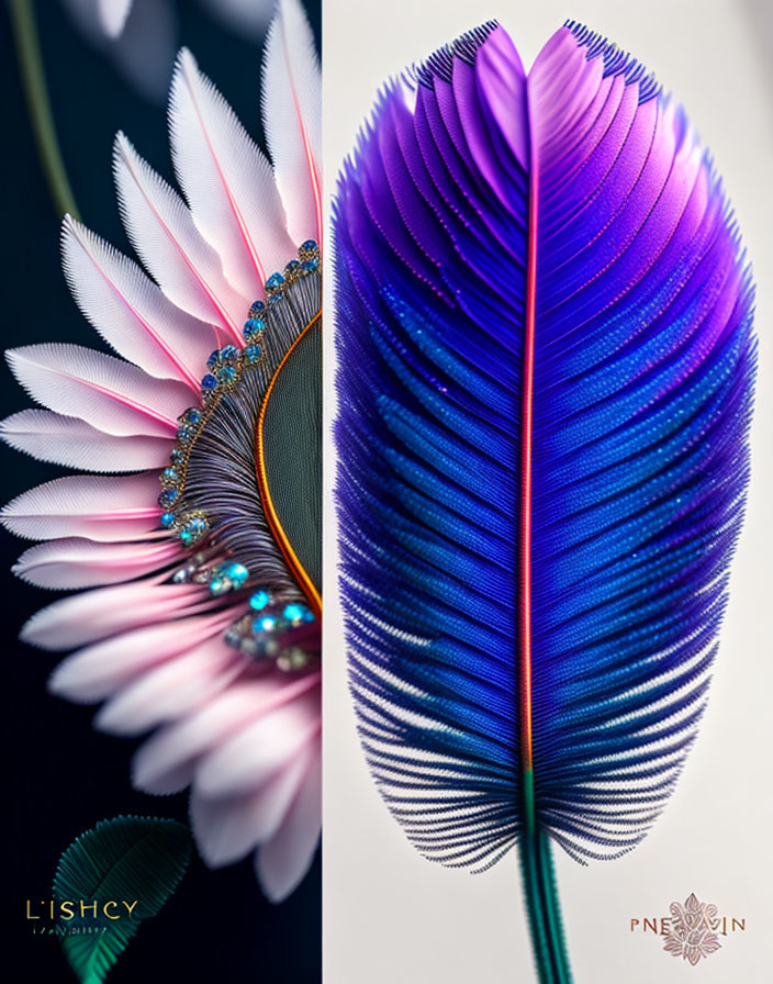 Feather Images: Pink and White with Beads, Blue and Purple on Black