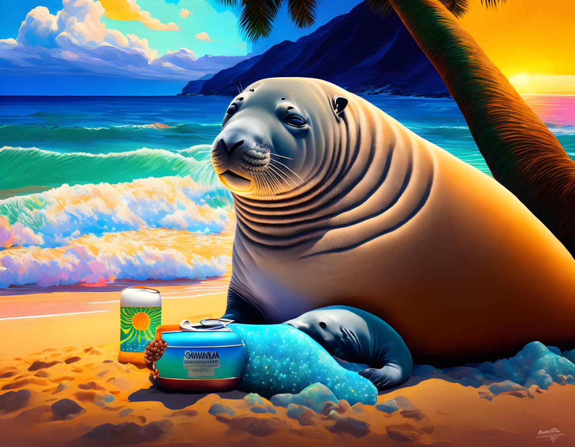 Colorful Beach Scene: Large Seal, Small Seal, Soda Can, Waves, Sunset