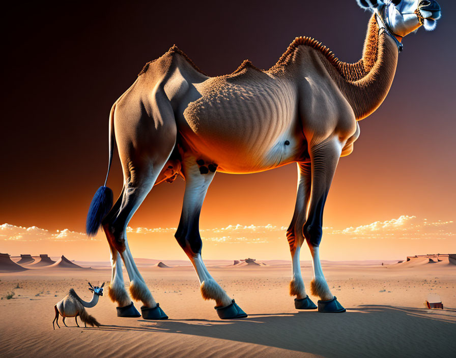 Large camel dominates desert scene with tiny camel.