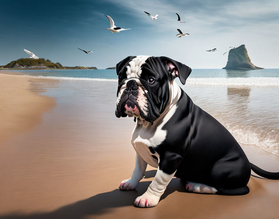 Bulldog sitting on sandy beach with seagulls and rocky island