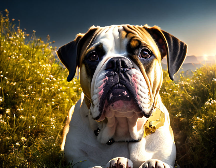 Bulldog in field at sunset with flowers, illuminated fur and wrinkled face