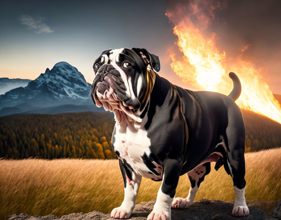 Muscular bulldog on rock with fiery sunset and mountains in background