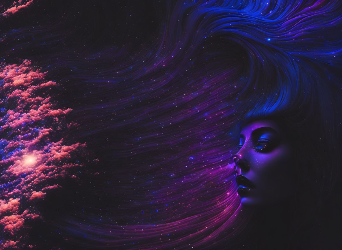 Woman's profile merges with starry galaxy in vivid blue and purple hues