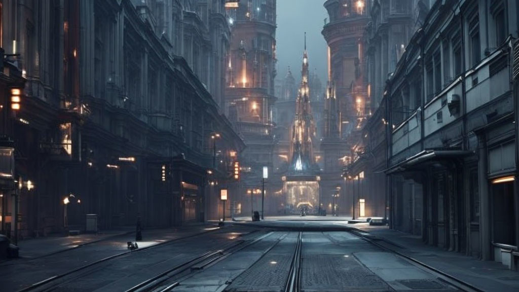 Desolate Urban Street with Gothic Architecture at Dusk