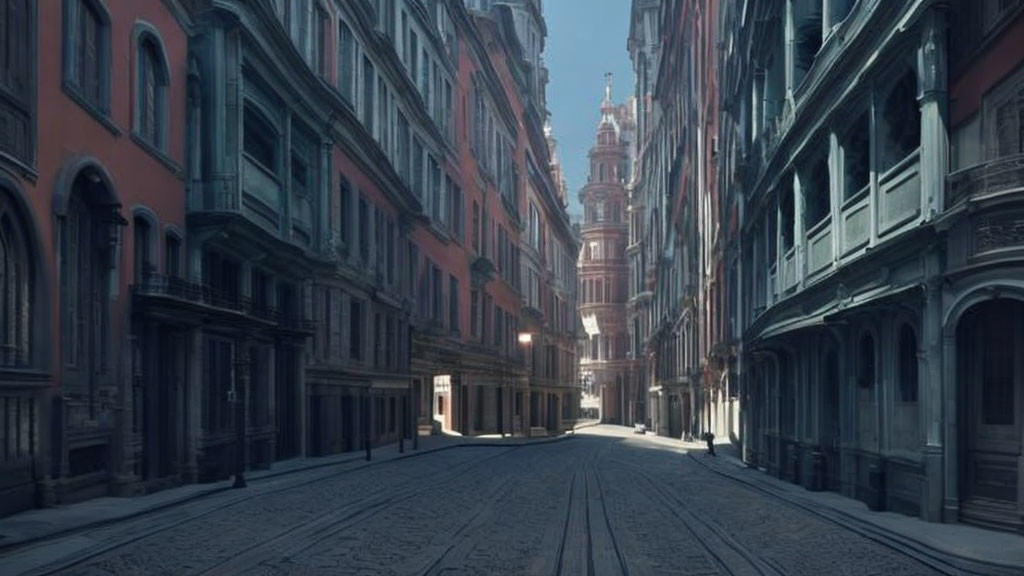 Deserted urban street with European-style buildings and distant bell tower