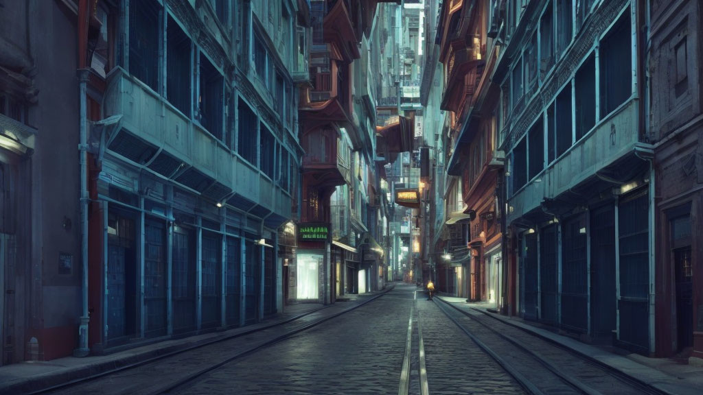 Narrow Twilight Street with Tram Tracks and Buildings