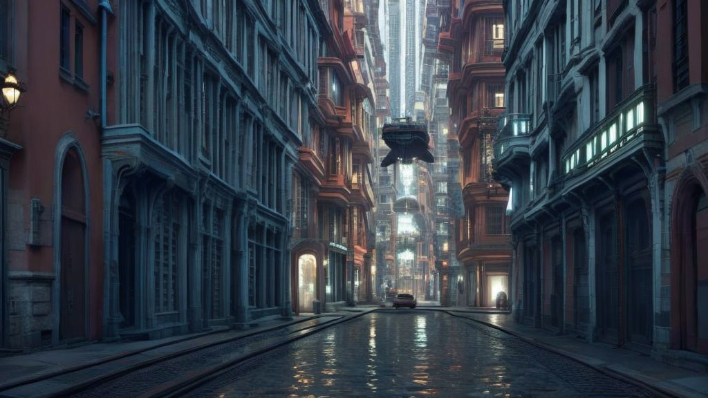 Futuristic city street at dusk with tall buildings & tramlines