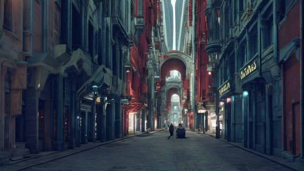 Dimly Lit City Street with Tall Ornate Buildings and Couple Walking