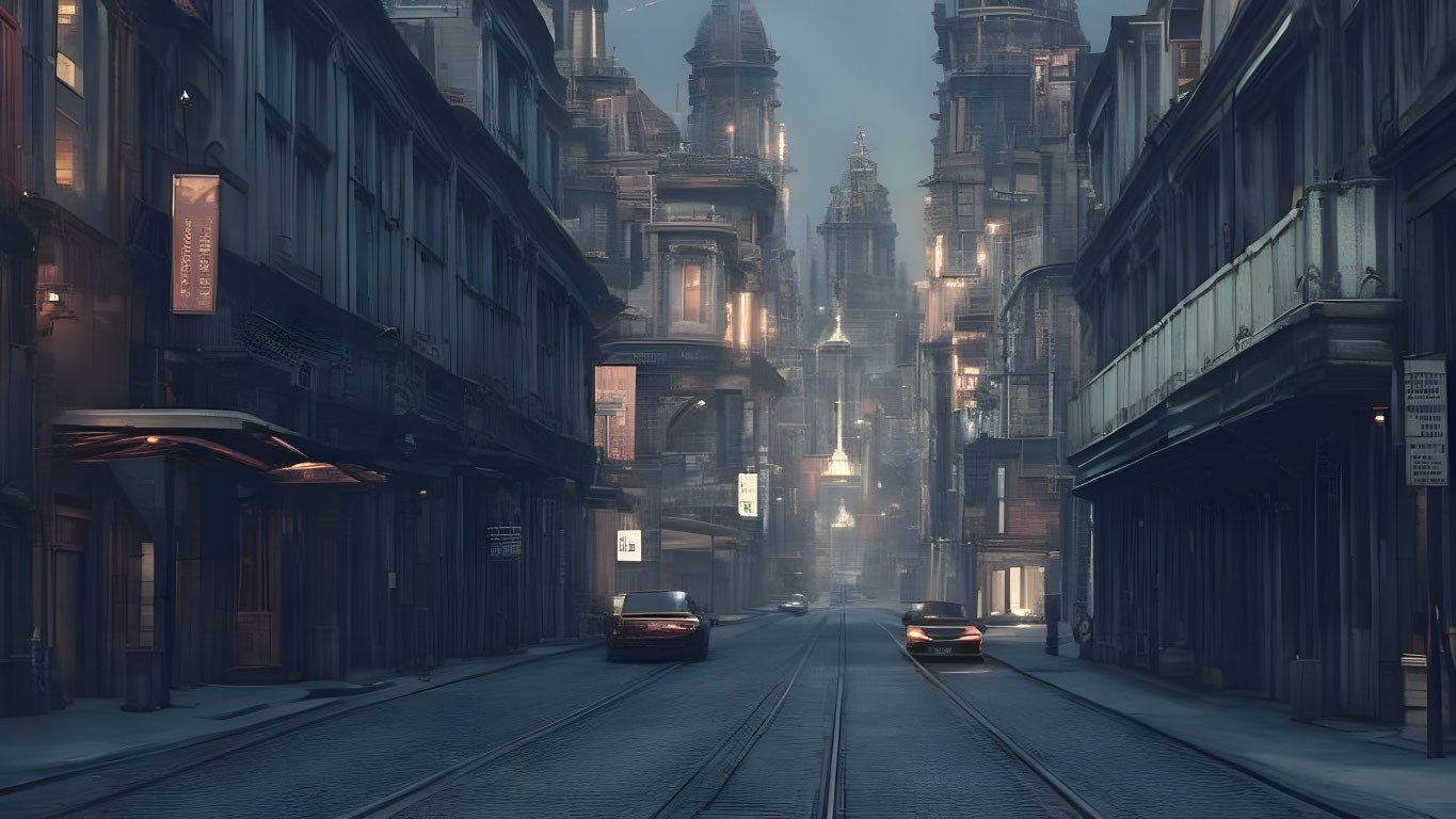 Vintage architecture and streetcars on a desolate urban street at dusk