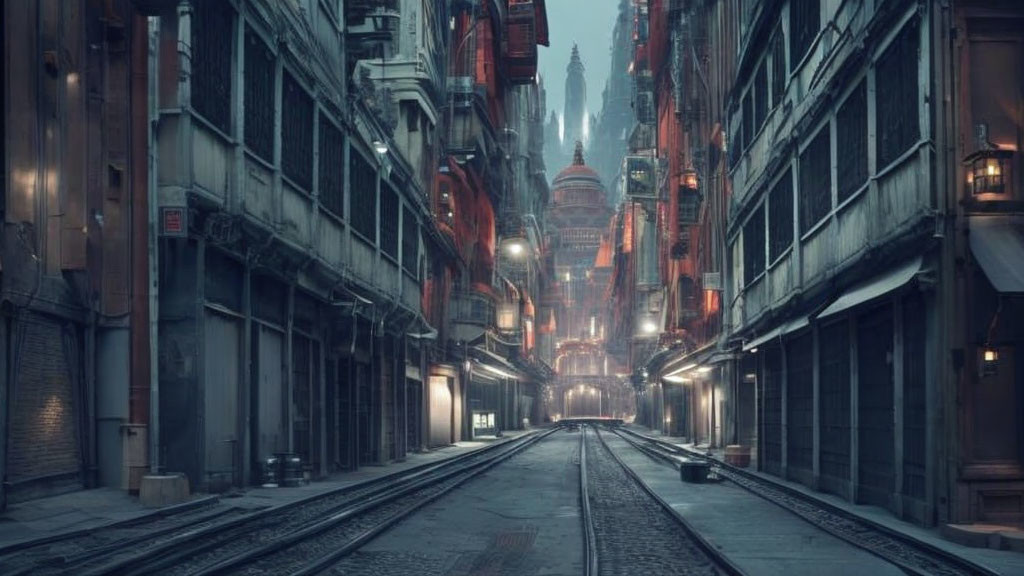 Desolate urban alley with Gothic buildings and tram tracks under overcast sky