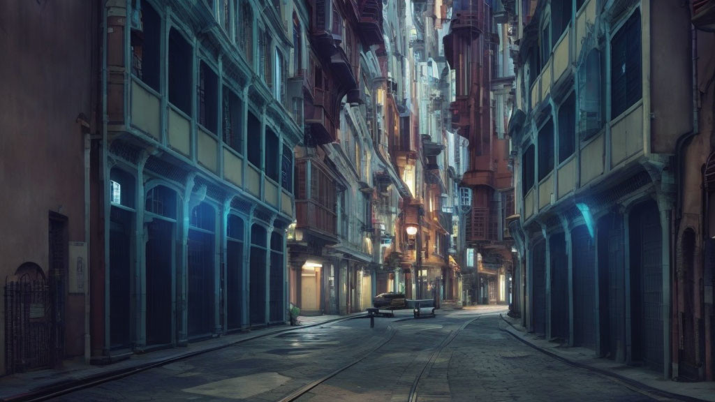 Deserted cobblestone street with glowing blue streetlights