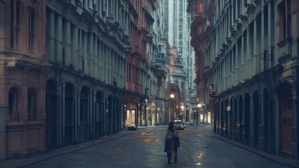 Solitary figure in urban street at twilight