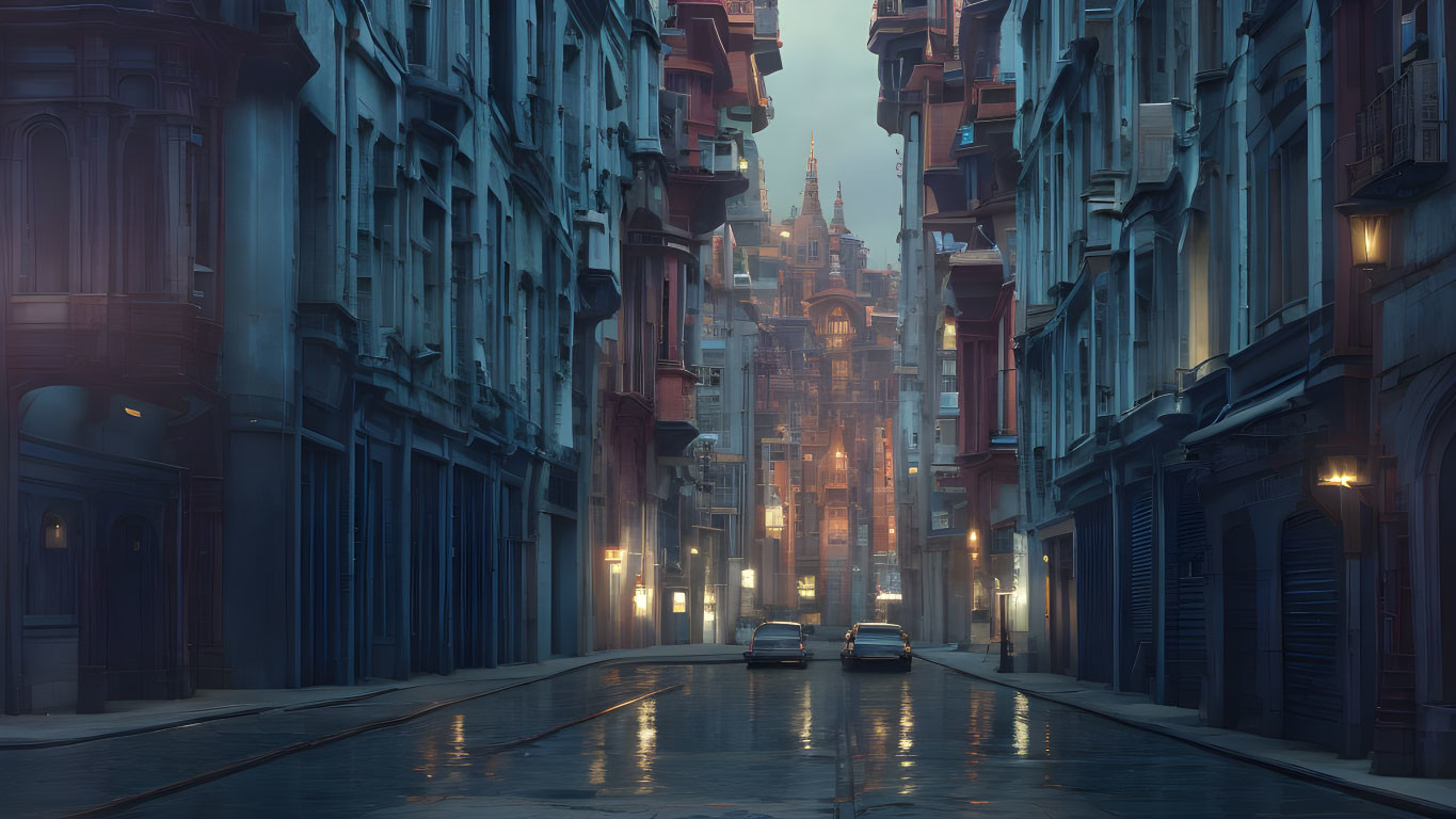 Misty city street at dusk with tall buildings and cathedral in background