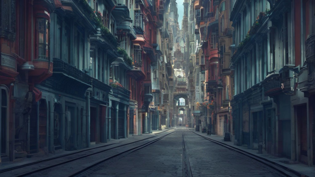 Ornate buildings line narrow urban street with tram tracks under overcast sky