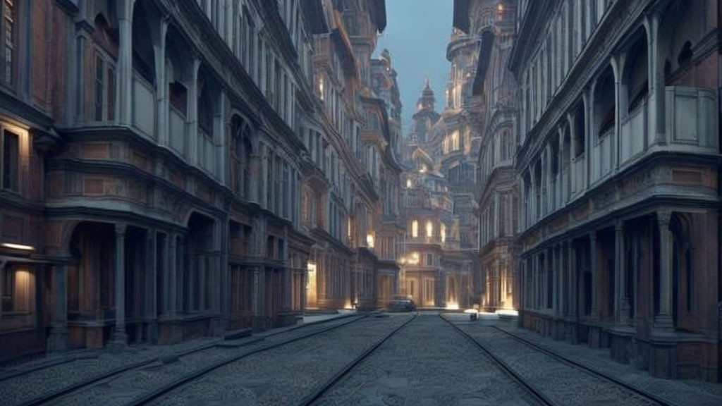 Cobblestone streets and historical buildings in dimly lit urban setting