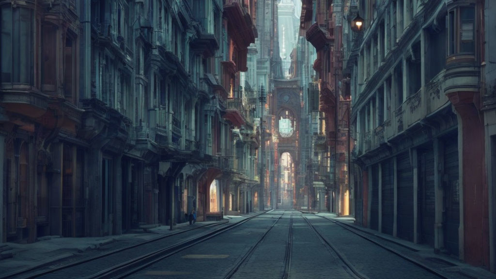 Deserted cobblestone street with tram tracks and aged buildings under dusky sky