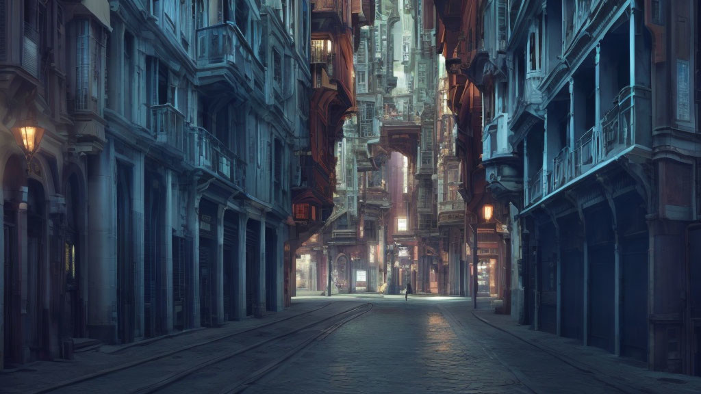 Vintage buildings line serene narrow street at dusk